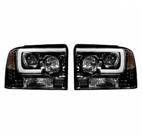 Ford Superduty 05-07 F250/F350/F450/F550 PROJECTOR HEADLIGHTS w/ Ultra High Power Smooth OLED HALOS & DRL - Smoked / Black